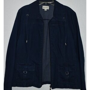 Studio Works PL Denim Jacket Stretch Blue Jean Full Zip Pockets Drawstring Neck